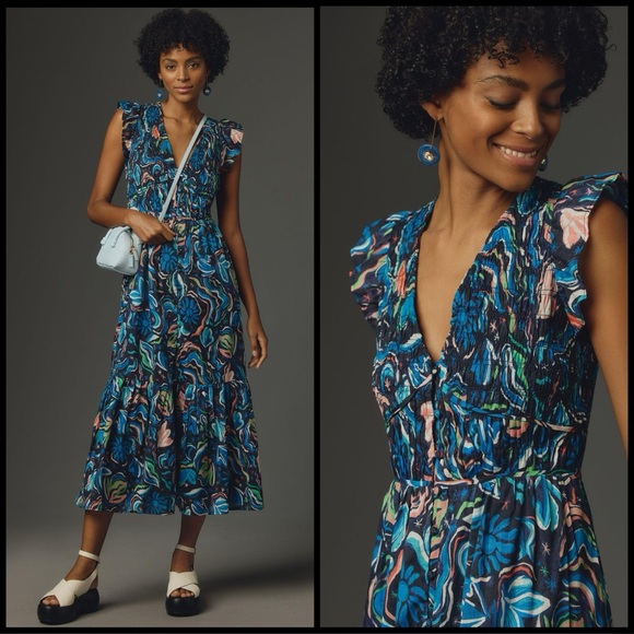 Anthropologie Blue Multicolor Midi Dress - Picture 4 of 16